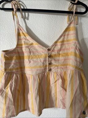 Roxy Striped Yellow Pink Cream Tie-Shoulder Crop Top